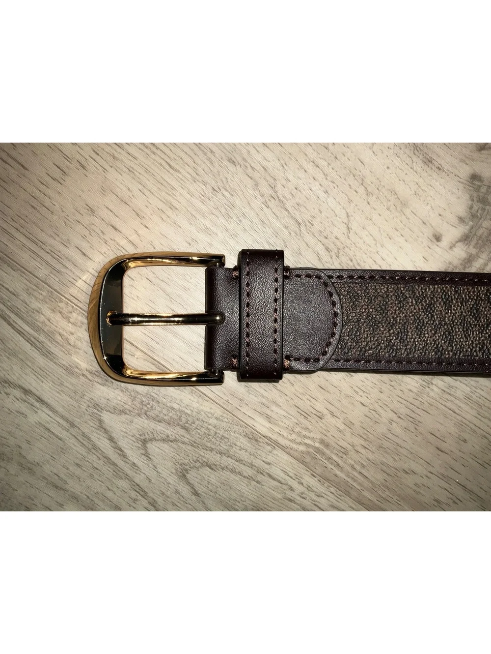 Michael Kors Brown Logo Patterned Belt with Gold Buckle